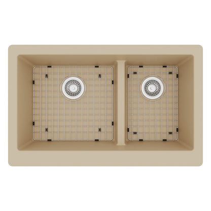 34" Farmhouse Double Offset Bowl Quartz Composite Kitchen Sink Kit In Bisque