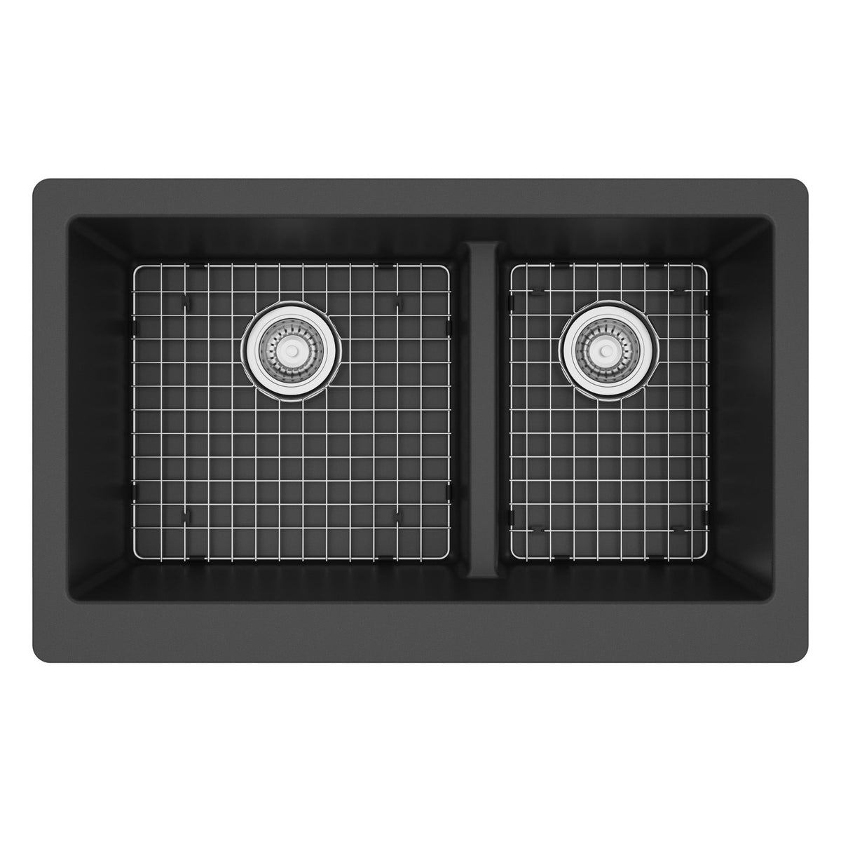34" Farmhouse Double Offset Bowl Quartz Composite Kitchen Sink Kit In Black