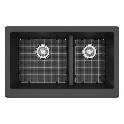 34" Farmhouse Double Offset Bowl Quartz Composite Kitchen Sink Kit In Black