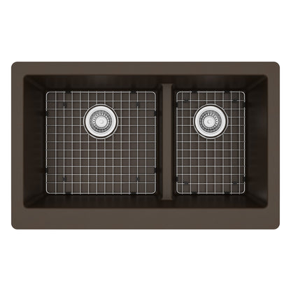 34" Farmhouse Double Offset Bowl Quartz Composite Kitchen Sink Kit In Brown