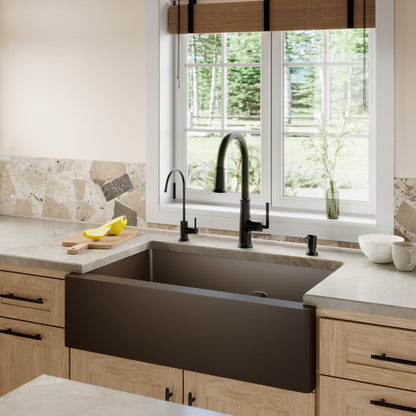 34" Farmhouse Double Offset Bowl Quartz Composite Kitchen Sink In Brown