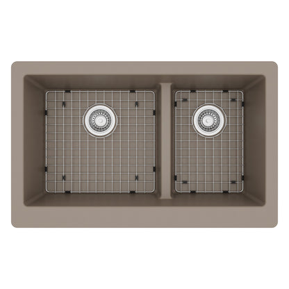 34" Farmhouse Double Offset Bowl Quartz Composite Kitchen Sink Kit In Concrete