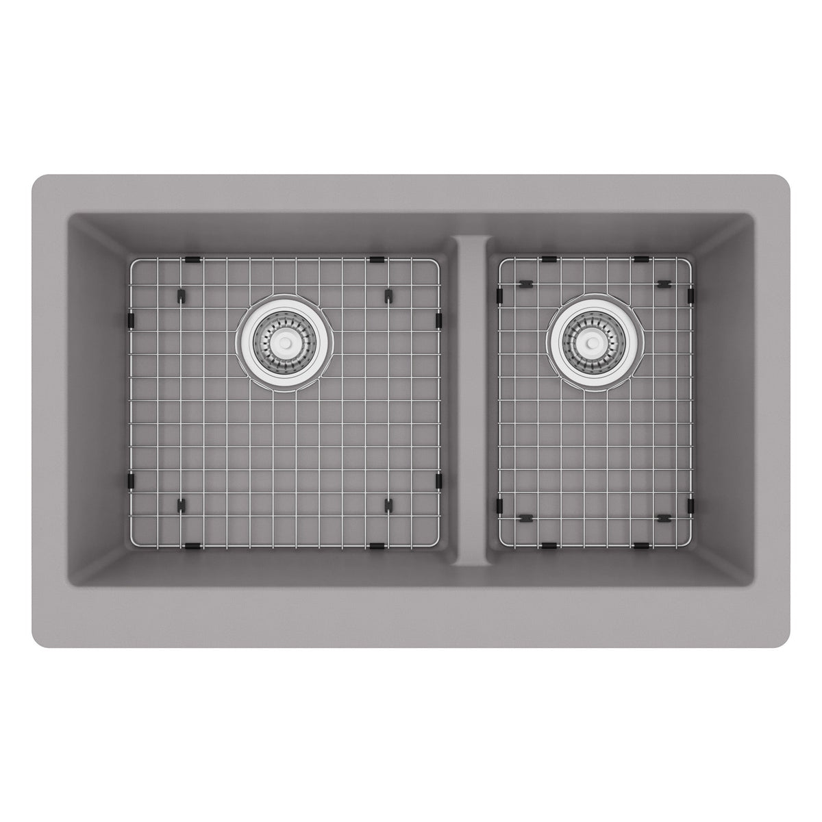 34" Farmhouse Double Offset Bowl Quartz Composite Kitchen Sink Kit In Grey