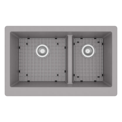 34" Farmhouse Double Offset Bowl Quartz Composite Kitchen Sink Kit In Grey