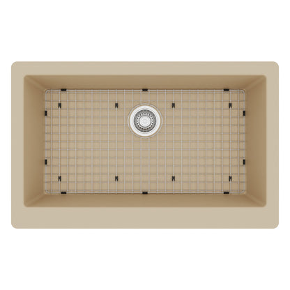34"" Retrofit Farmhouse Large Single Bowl Quartz Composite Kitchen Sink Kit In Bisque