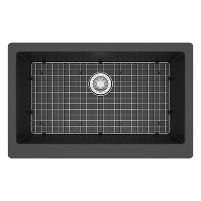 34" Retrofit Farmhouse Large Single Bowl Quartz Composite Kitchen Sink Kit In Black