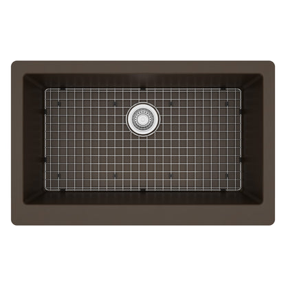 34" Retrofit Farmhouse Large Single Bowl Quartz Composite Kitchen Sink Kit In Brown