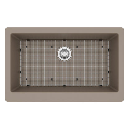 34" Retrofit Farmhouse Large Single Bowl Quartz Composite Kitchen Sink Kit In Concrete