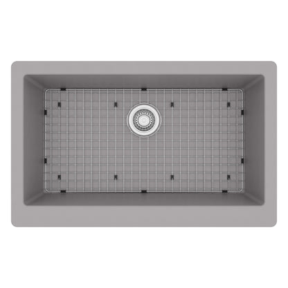 34" Retrofit Farmhouse Large Single Bowl Quartz Composite Kitchen Sink Kit In Grey