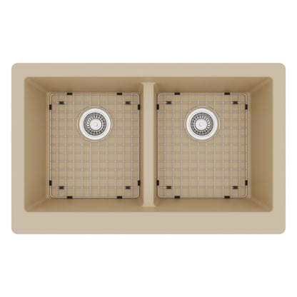 34" Retrofit Farmhouse Double Equal Bowl Quartz Composite Kitchen Sink Kit In Bisque