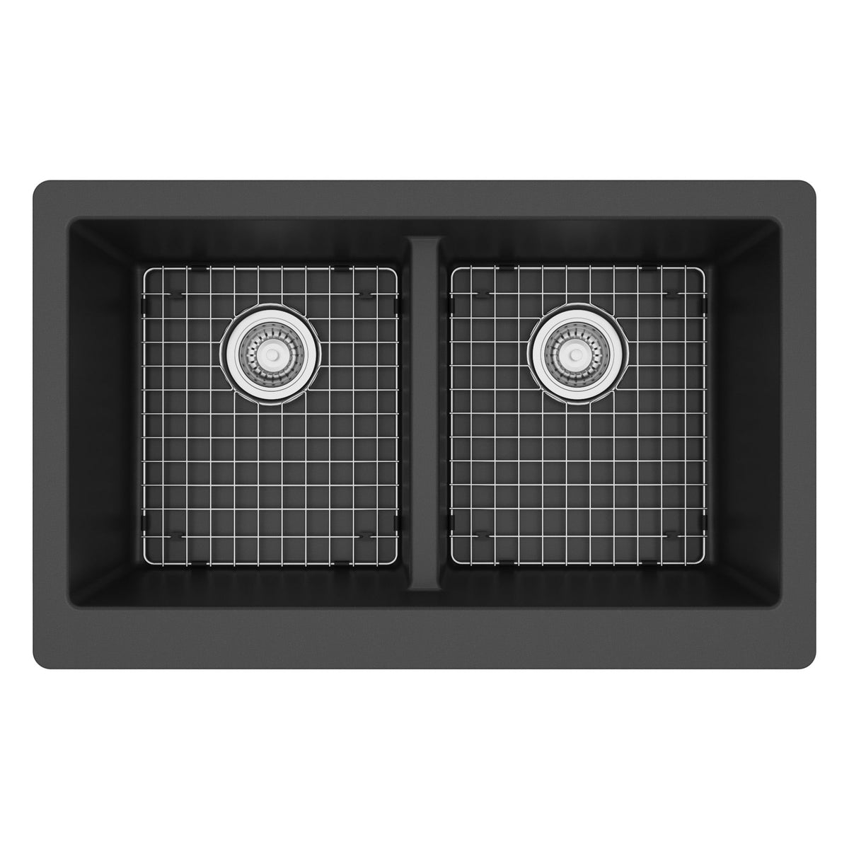 34" Retrofit Farmhouse Double Equal Bowl Quartz Composite Kitchen Sink Kit In Black