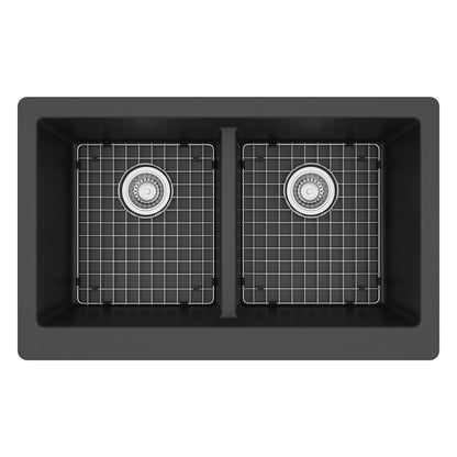 34" Retrofit Farmhouse Double Equal Bowl Quartz Composite Kitchen Sink Kit In Black