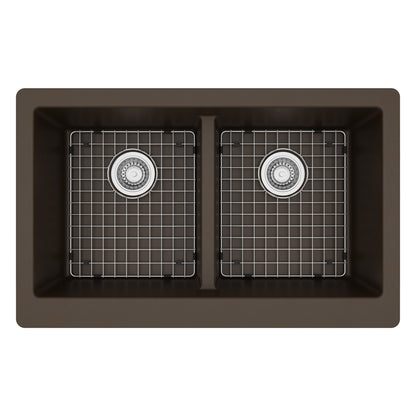 34" Retrofit Farmhouse Double Equal Bowl Quartz Composite Kitchen Sink Kit In Brown