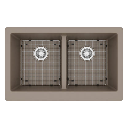 34" Retrofit Farmhouse Double Equal Bowl Quartz Composite Kitchen Sink Kit In Concrete