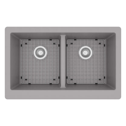34" Retrofit Farmhouse Double Equal Bowl Quartz Composite Kitchen Sink Kit In Grey