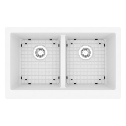 34" Retrofit Farmhouse Double Equal Bowl Quartz Composite Kitchen Sink Kit In White