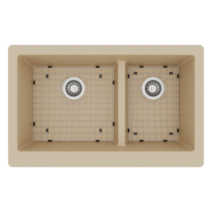 34" Retrofit Farmhouse Double Offset Bowl Quartz Composite Kitchen Sink Kit In Bisque