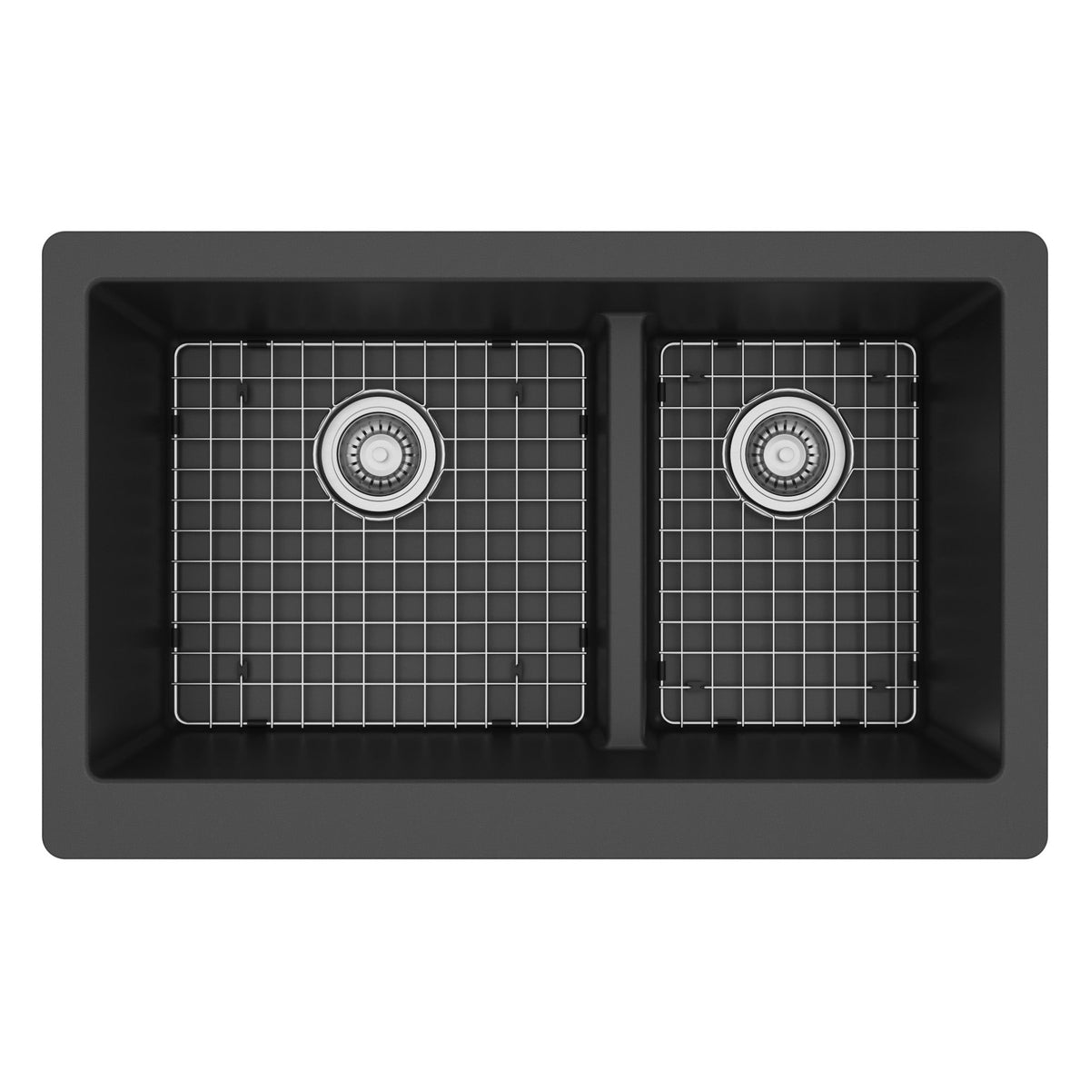 34" Retrofit Farmhouse Double Offset Bowl Quartz Composite Kitchen Sink Kit In Black