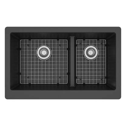 34" Retrofit Farmhouse Double Offset Bowl Quartz Composite Kitchen Sink Kit In Black