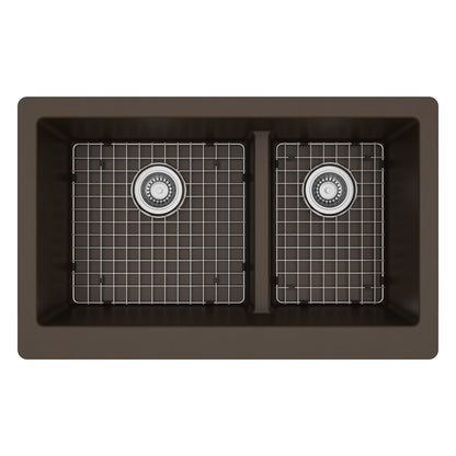 34" Retrofit Farmhouse Double Offset Bowl Quartz Composite Kitchen Sink Kit In Brown