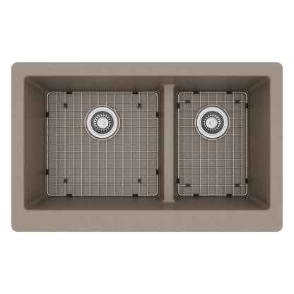 34" Retrofit Farmhouse Double Offset Bowl Quartz Composite Kitchen Sink Kit In Concrete