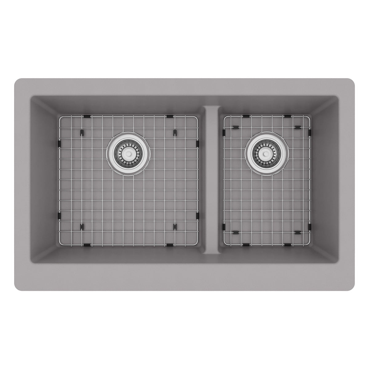34" Retrofit Farmhouse Double Offset Bowl Quartz Composite Kitchen Sink Kit In Grey