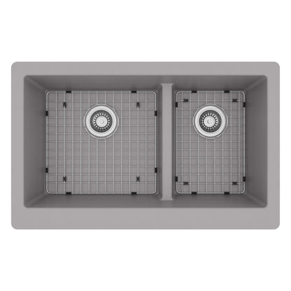 34" Retrofit Farmhouse Double Offset Bowl Quartz Composite Kitchen Sink Kit In Grey