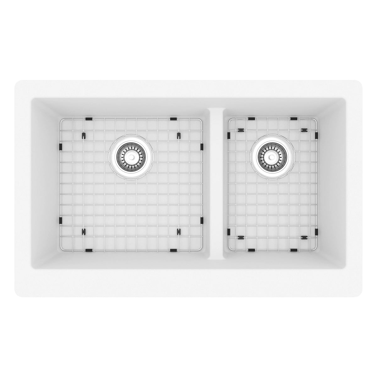 34" Retrofit Farmhouse Double Offset Bowl Quartz Composite Kitchen Sink Kit In White