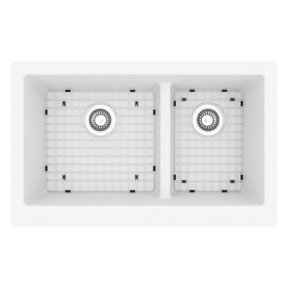 34" Retrofit Farmhouse Double Offset Bowl Quartz Composite Kitchen Sink Kit In White