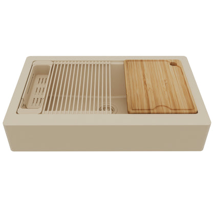 34" Apron Front Single Bowl Quartz Kitchen Sink Kit In Bisque