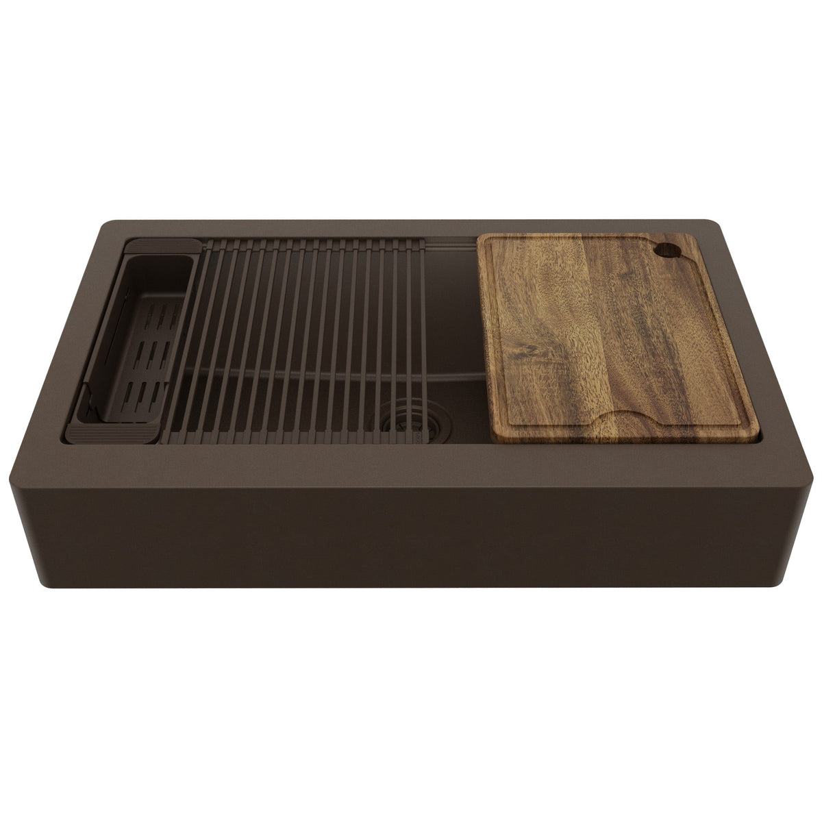 34" Apron Front Single Bowl Quartz Kitchen Sink Kit In Brown