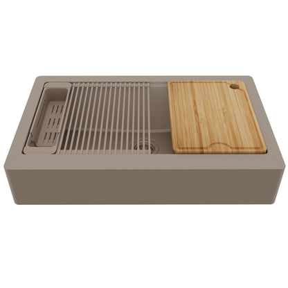 34" Apron Front Single Bowl Quartz Kitchen Sink Kit In Concrete