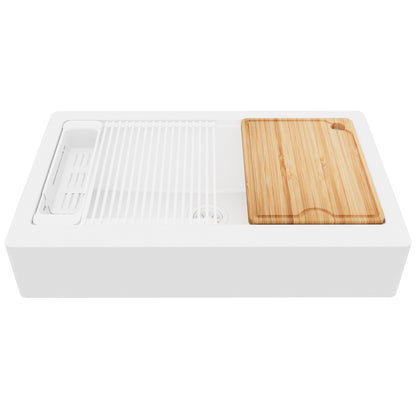 34" Apron Front Single Bowl Quartz Kitchen Sink Kit In White