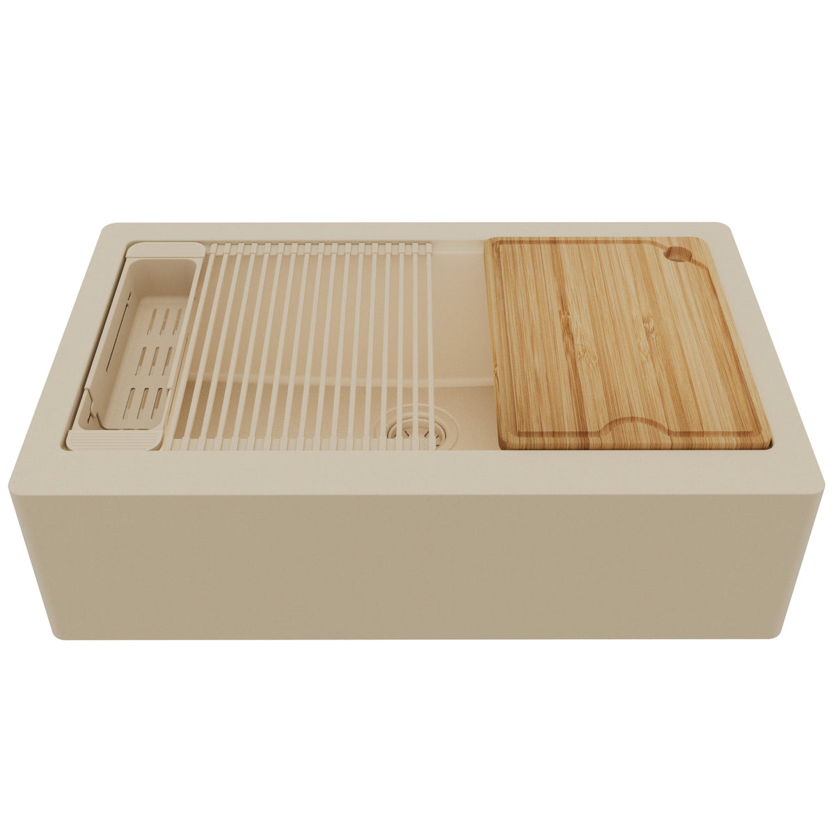 34" Deep Apron Front Single Bowl Quartz Kitchen Sink Kit In Bisque