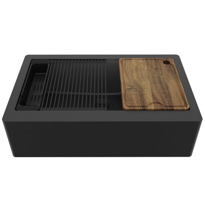 34" Deep Apron Front Single Bowl Quartz Kitchen Sink Kit In Black