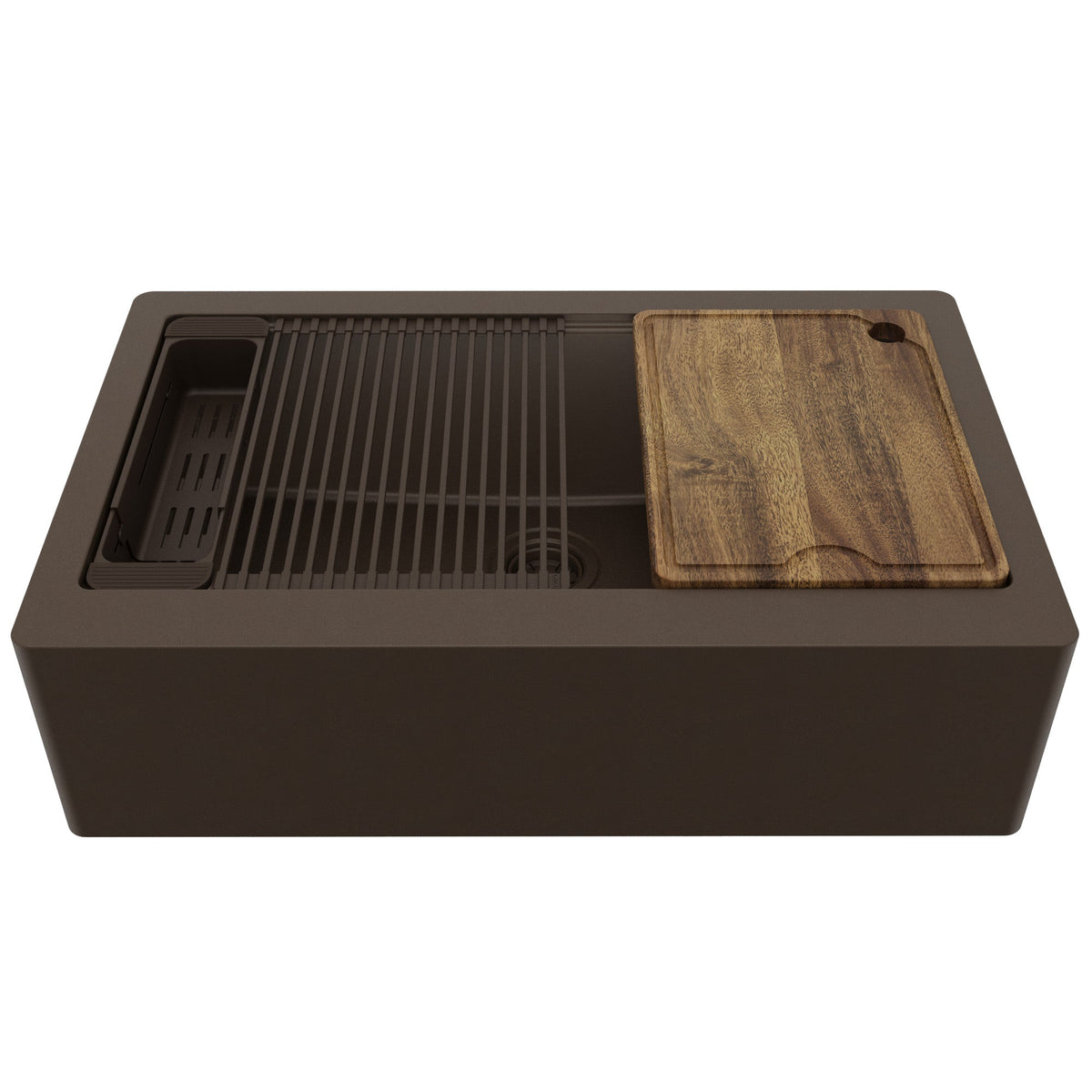 34" Deep Apron Front Single Bowl Quartz Kitchen Sink Kit In Brown