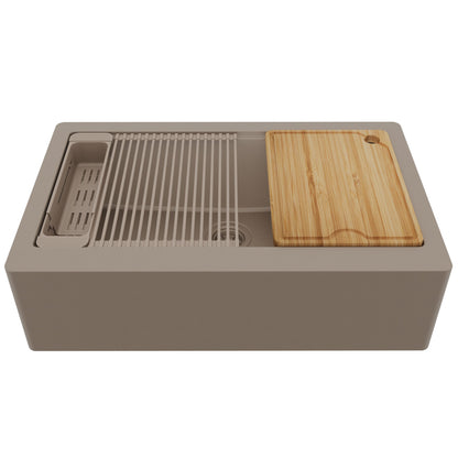 34" Deep Apron Front Single Bowl Quartz Kitchen Sink Kit In Concrete