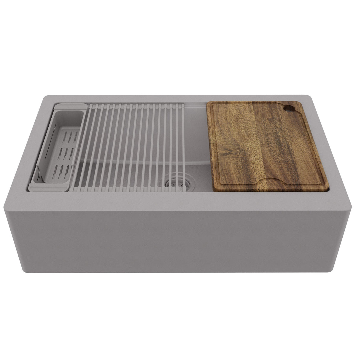 34" Deep Apron Front Single Bowl Quartz Kitchen Sink Kit In Grey
