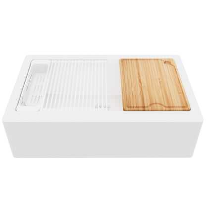 34" Deep Apron Front Single Bowl Quartz Kitchen Sink Kit In White