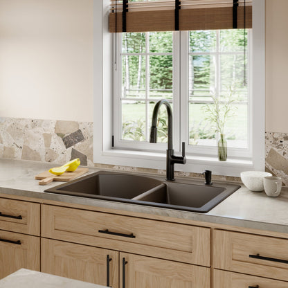 33" Top Mount Double Offset Bowl Quartz Composite Kitchen Sink In Brown