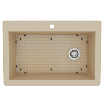33" Top Mount Large Single Bowl Quartz Composite Kitchen Sink Kit In Bisque