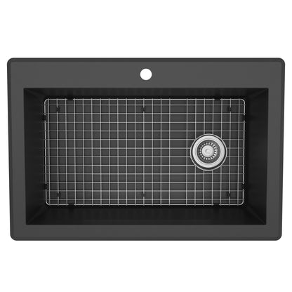 33" Top Mount Large Single Bowl Quartz Composite Kitchen Sink Kit In Black