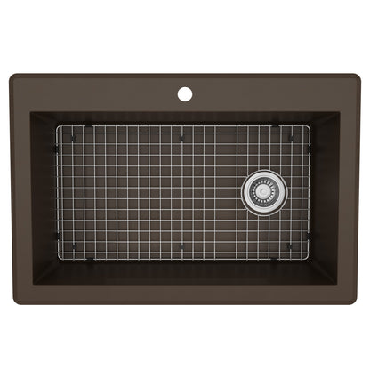33" Top Mount Large Single Bowl Quartz Composite Kitchen Sink Kit In Brown
