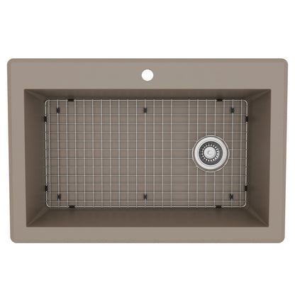 33" Top Mount Large Single Bowl Quartz Composite Kitchen Sink Kit In Concrete