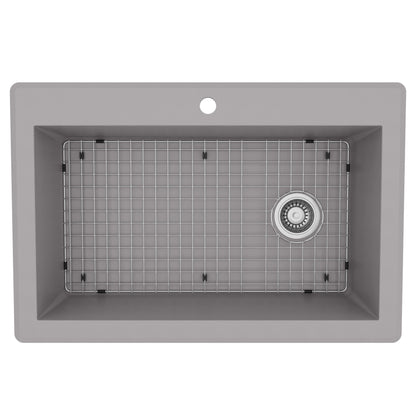 33" Top Mount Large Single Bowl Quartz Composite Kitchen Sink Kit In Grey