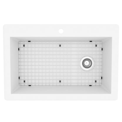 33" Top Mount Large Single Bowl Quartz Composite Kitchen Sink Kit In White