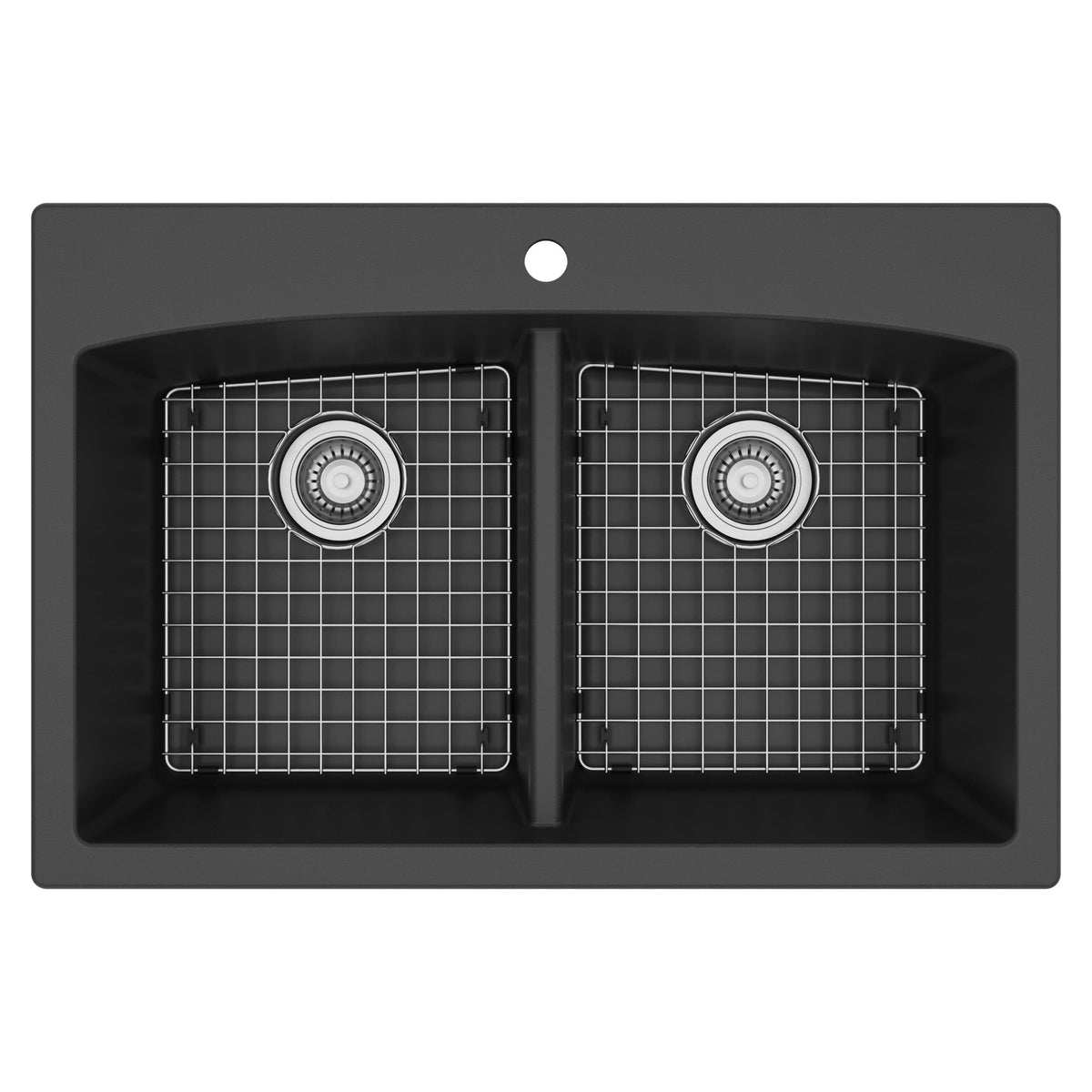 33" Top Mount Double Equal Bowl Quartz Composite Kitchen Sink Kit In Black
