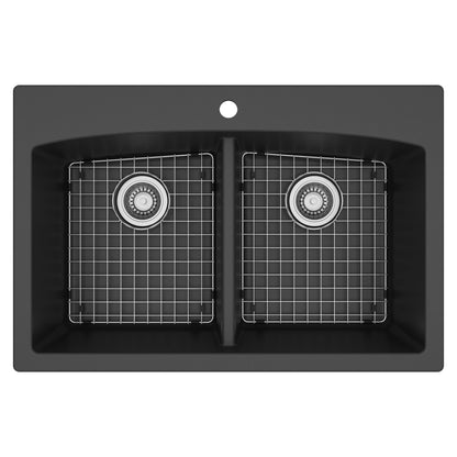 33" Top Mount Double Equal Bowl Quartz Composite Kitchen Sink Kit In Black