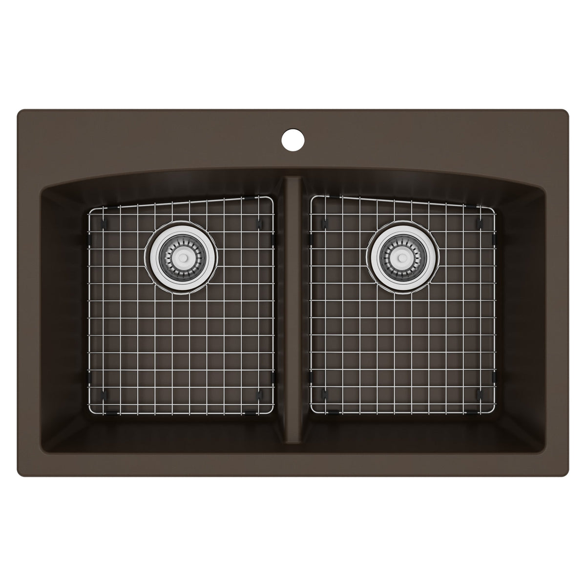 33" Top Mount Double Equal Bowl Quartz Composite Kitchen Sink Kit In Brown