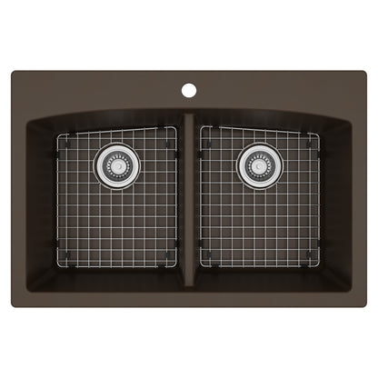 33" Top Mount Double Equal Bowl Quartz Composite Kitchen Sink Kit In Brown